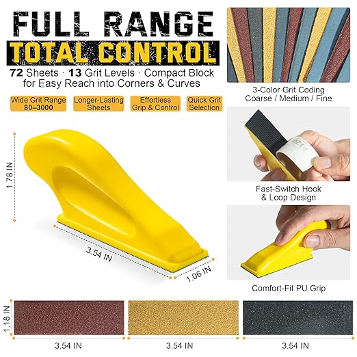 Christmas & Birthday Gift for DIY Lovers ??XIWEYLA 72PCS Sandpaper Set with Ergonomic Hand Sander, Micro & Detail Sander, 13 Grit Levels 80??000, Color-Coded Sandpaper for Wood, Crafts & Furniture