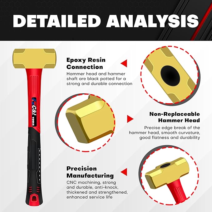 C&T 3lb Brass Sledge Hammer,Non-Sparking,Comfortable Fiberglass Handle,3-Pounds,Non-Magnetic,Corrosion Resistant