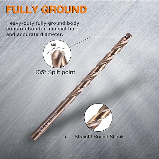 13Pcs Cobalt Drill Bit Set (1/16"-1/4"), High Speed Steel, Twist Jobber Length for Hardened Metal, Stainless Steel, Cast Iron, Wood, and Plastics, with Index Storage Case