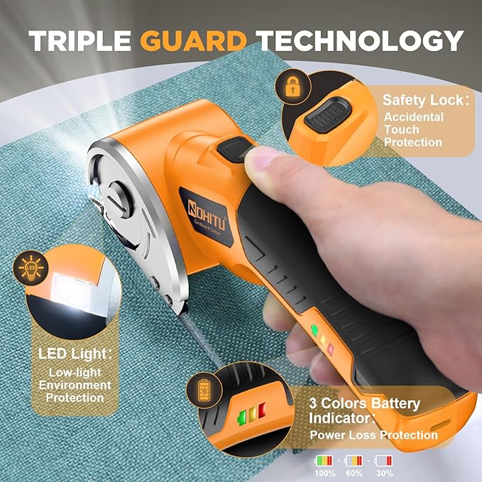 Cordless Electric Scissors: 4V Rechargeable Rotary Cardboard Cutter, 3000mAh Battery, with LED Light & Safety Lock, 2 Blades, Electric Box Cutter for Fabric Carpet Carton Plastic Leather Cloth(Yellow)