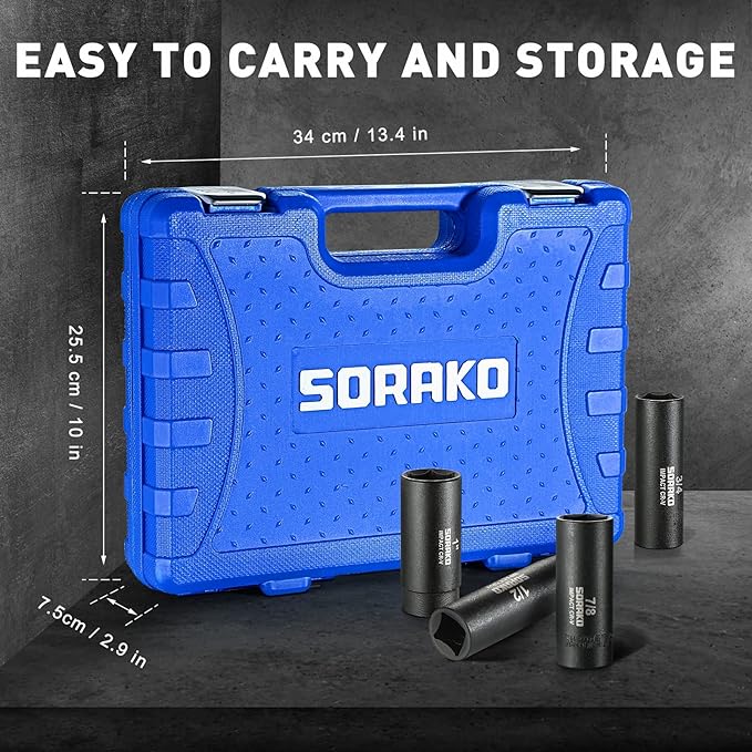 Impact Socket Set 1/2??Drive, SORAKO16 PCS SAE Deep Socket Set (3/8-Inch to 1-1/14") Include 5??Extension Bar & 10??L Handle, Cr-V Steel 6 Point Standard Impact Socket with Portable Case