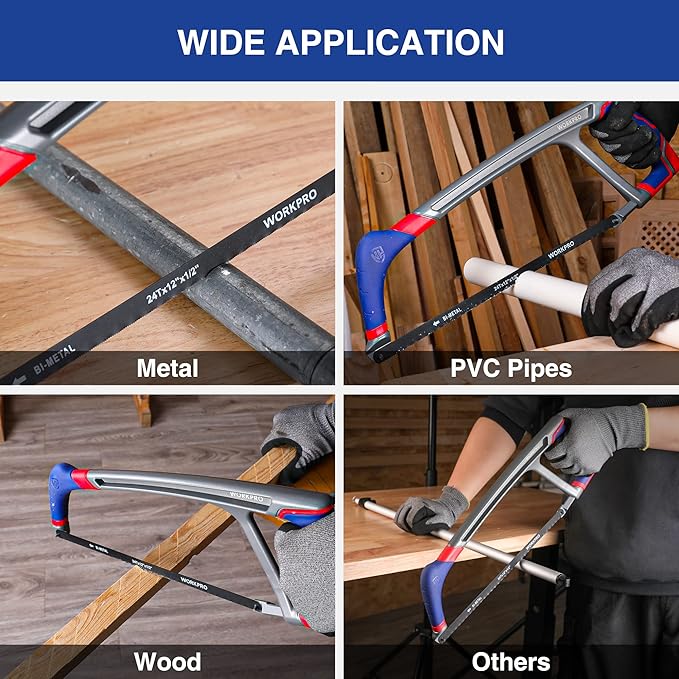 WORKPRO 12-inch Hacksaw with Extra 2 Bi-Metal Saw Blades, Heavy Duty Adjustable 45/90 Angle Saw for Metal, Wood, PVC Pipes