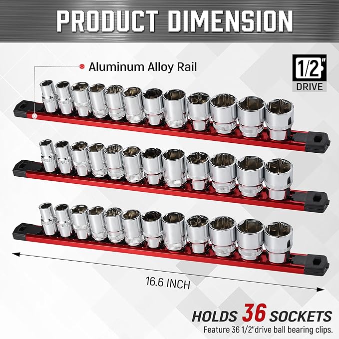ALOANES 3-Piece Magnetic Socket Organizer, Heavy Duty Aluminum Socket Rails Organizer, 360째 Swivel Clips Socket Rail Set For Sockets Storage, 1/2-Inch Socket Holder x 36 Clips (Red)