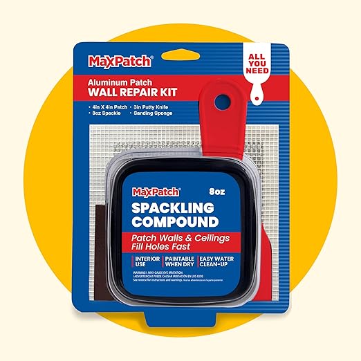 MaxPatch짰 Drywall Repair Kit, 4-Piece Set ??Includes Self-Adhesive Aluminum Patch, 8 oz Spackle, 100% Recycled 3" Putty Knife, and Sanding Sponge ??Multi-Purpose Wall Repair for Drywall, Plaster