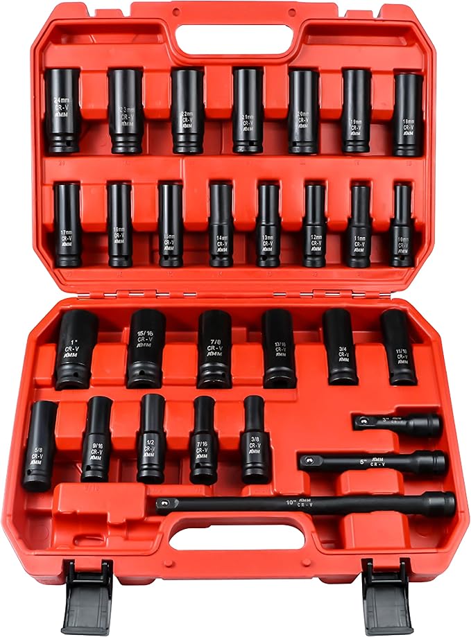 AMM 29PCS 1/2" Drive Impact Socket Set, 1/2" Deep Socket Set with Extension Bar, Cr-V Steel, 6 Point, SAE (3/8 "- 1") and Metric (10mm-24mm)