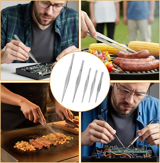 5 Pcs Stainless Steel Tweezers, Long Cooking Tweezers for Crafts with Precision Serrated Straight Tips, Non-slip Kitchen Tweezer for Crafting Baking Tank Aquarium Terrarium (16/17.5/19.5/25/30cm)