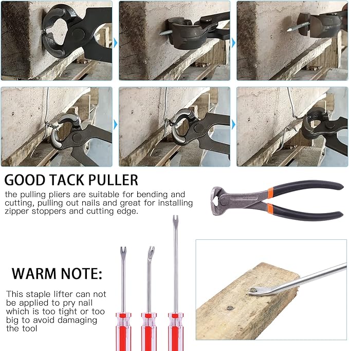 Glarks 4Pcs Nail Pullers Nail Remover Tool Set, Include 7'' End Cutting Plier, 4'' Bendable U Tip and V Tip Tack Puller, 6'' U Tip Tack Lifter for Cutting nails, Remove Nails, Nail Pulling