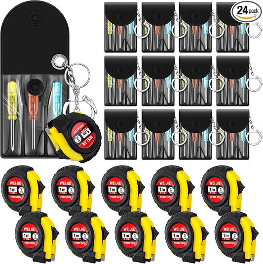 24 Pcs Mini Screwdriver Keychain Tape Measure Keychains Set Mens Gift Bulk Retractable for Adult Xmas Tool Birthday Party