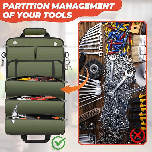 Tool Roll Up Bag, Gifts for Him Men Dad Husband Boyfriend Valentines Day, 1680D Portable Tool Storage for Men, Heavy Duty Tool Organizer with Detachable Pouches&Wrench Roll for Mechanic