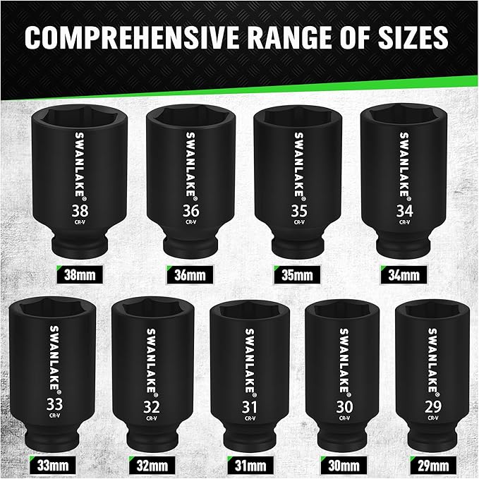 SWANLAKE 9PCS 1/2" Metric Impact Socket Set, Spindle Axle Nut Impact Socket,29mm-38mm,CR-V