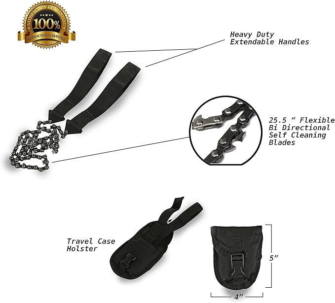 Pocket Chainsaw - Razor Sharp Self Cleaning 25.5 In Portable Hand Saw Survival Gear with Black Holster for Camping, Hunting, Hiking | Pocket-sized 25.5” Emergency Wilderness Survival Chain Saw (Black)