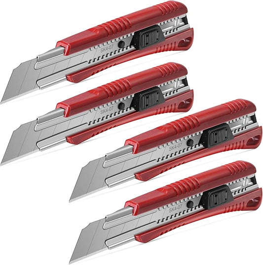 HAUTMEC 4PCS 25mm Utility Knife, Heavy Duty Auto-Lock, Retractable Box Cutter with 2pcs Spare Snap-off Sharp Blades HT0080-4PC