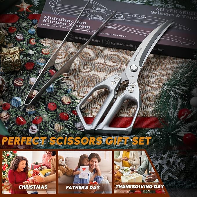 HUUSK Kitchen Scissors and Cooking Tong Set - Silver Kitchen Shears for Food with Stainless Steel BBQ Tongs, Japanese Style Dishwasher Safe Meat Scissors for All Purpose, Christmas Gifts for Men Women