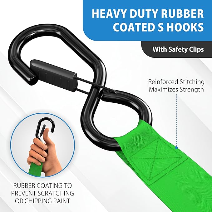 HandT USA Based Retractable Ratchet Straps (2PK) 1in x 6ft - 1,500lb Break Strength, Heavy Duty Automatic Ratchet Straps Self Retractable Tie Down, Push Button Retracting Truck Trailer Cargo | Green