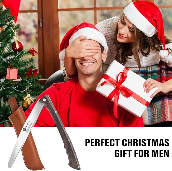 Folding Pruning Saw 10 Inch with Leather Sheath and Wenge Wooden Handle, SK5 Steel Blade, Foldable Hand Saw for Camping, Survival, Wood Cutting, Bushcraft and Tree Trimming
