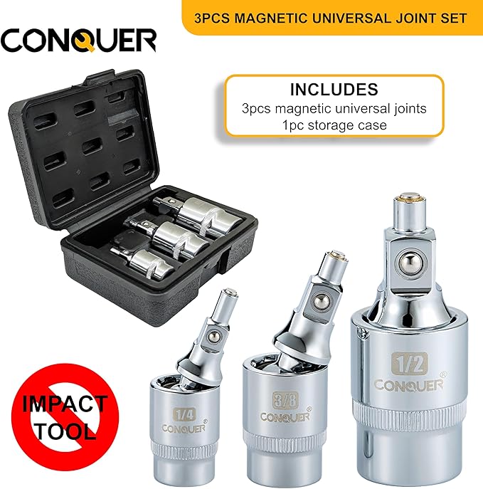 CONQUER Magnetic 2-Stage Universal Joint Socket Extension Set ??1/4", 3/8" & 1/2" Drive CR-MO Steel Adapters with Swivel & Fixed Positions, Magnetic Tip for Automotive, Mechanic & DIY Repairs