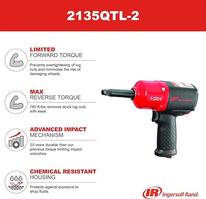 Ingersoll Rand 2135QTL-2 1/2" Air Impact Wrench, Quiet, 780 ft-lbs Max Torque, 2" Ext Anvil