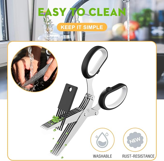 Fun Unique Kitchen Gadgets: Herb Scissors Set - Updated 2025 Cool Kitchen Tools for Cutting Fresh Garden Herbs - Sharp 5-Blade Shears with Cover, Anti-Rust Stainless Steel, Dishwasher Safe (Black)