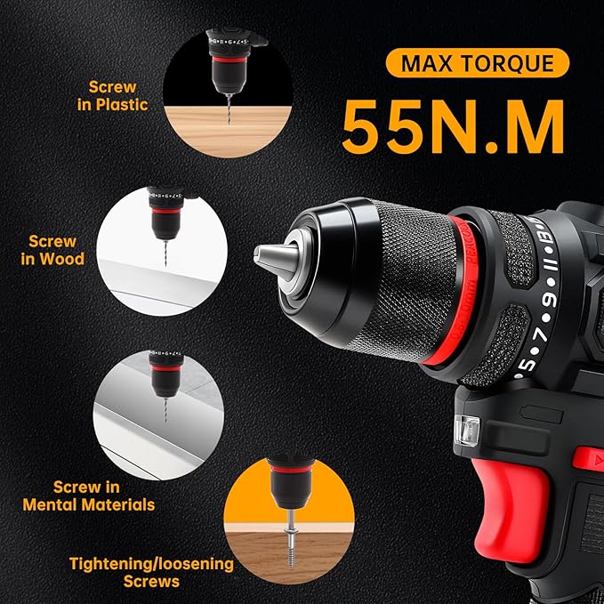 XCMG Cordless Hand Drill, 16.8V Brushless Motor, 3/8 Inch Keyless Chuck, Built-in LED Light, 20+1 Torque Adjustment, Dual Batteries for Long-Lasting Operation