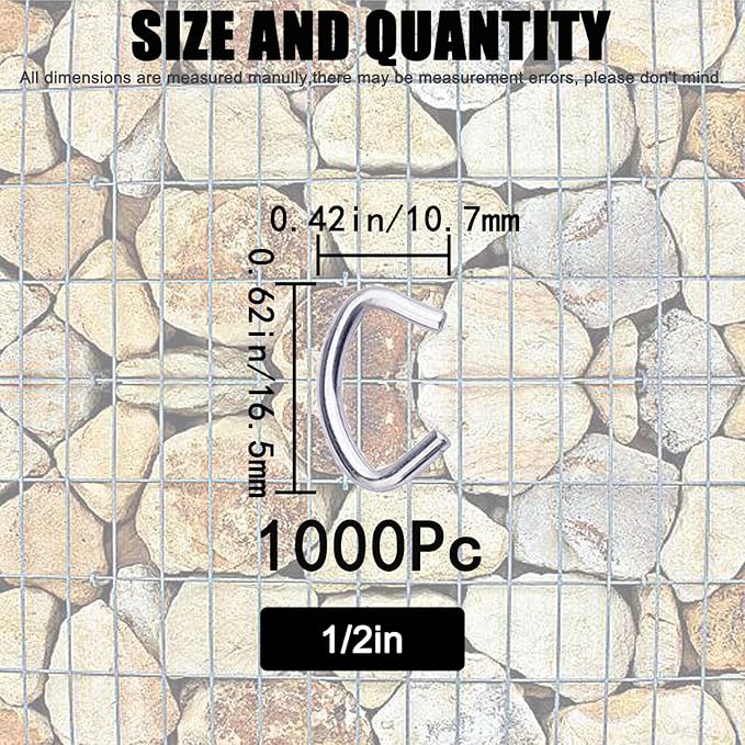 1000Pcs 1/2" Galvanized Hog Rings Assortment Kit, Professional Hog Rings Installation Kit for Bungee Shock, Cords, Animal Pet Cage