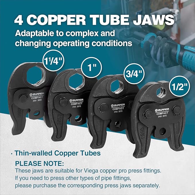 ZUPPER Compact Pro Press Tool kit with 4 Copper Pro Press Jaws 1/2" to 1-1/4", Brushless Motor, 2pcs Battery, Fast Charger & Carrying Case