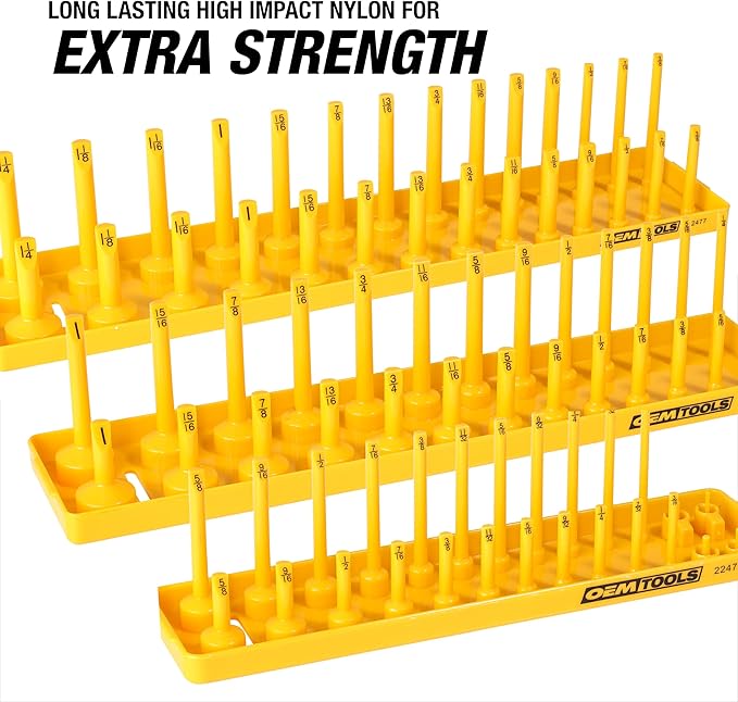 OEMTOOLS 22238 6 Piece SAE and Metric Socket Tray Set, SAE and Metric Socket Storage for Sizes 1/4", 3/8?? and 1/2" Drive, Socket Holders and Socket Organizer Tray for Toolbox, Black and Yellow