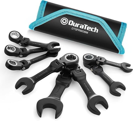 DURATECH Stubby Flex-head Ratcheting Combination Wrench Set, 8-piece, Metric, 9 to 17mm, CR-V Steel, Black Electrophoretic Coating, with Rolling Pouch