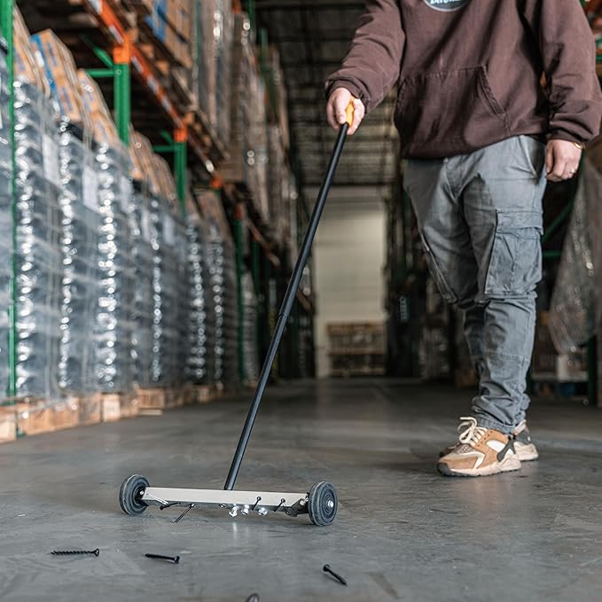 NEIKO 53414A 17-Inch Mini Magnetic Sweeper, Rolling Magnetic Sweeper with Wheels, Adjustable Handle, Lightweight Magnet to Pick Up Nails, 10-Pound Capacity, Nail Finder