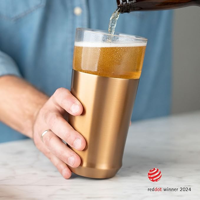 Elevated Craft Hybrid Vacuum Insulated Stainless Steel Base with Removable Pint Glass Insert, Ideal Insulation for Beers & Cold Beverages with Built-in Bottle Opener, Durable & Stylish, Copper (16 oz)