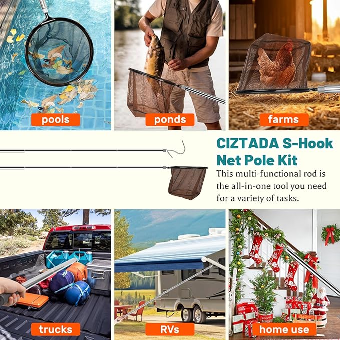 65 Inch Adjustable Pole with Net and Hook Multi-functional Pole Net Hook Tool Pool Skimmer Pole Net and Sturdy Truck Cargo Retrieval Pole Combo for Pool, Pond, Hanging and Removing Heavy Items
