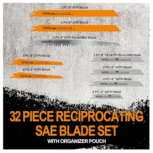 Luckyway Reciprocating Saw Blades Set, Sawzall Blades Set, Metal/Woodcutting Saw Blades, Pruner Saw Blades with Tough Storage Case 32-Piece