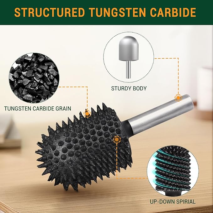 Extreme Coarse Ball Nose Rotary Burr, 1??" Shaft, Wood Rasp Bit for Drill-Bosch,Foredom, DeWalt, Milwaukee Tools- Abrasive Tungsten Carbide