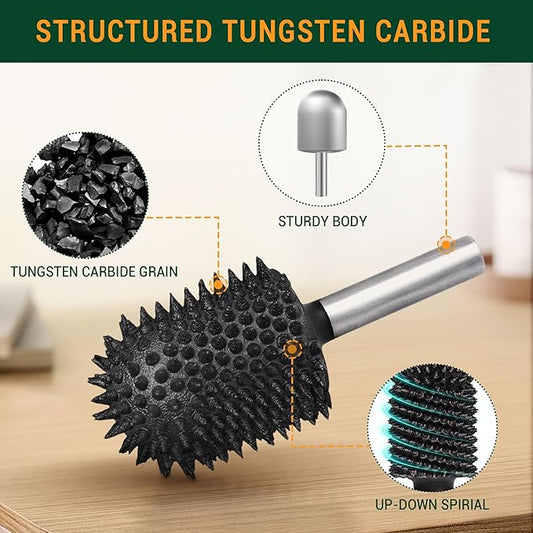 Extreme Coarse Ball Nose Rotary Burr, 1??" Shaft, Wood Rasp Bit for Drill-Bosch,Foredom, DeWalt, Milwaukee Tools- Abrasive Tungsten Carbide