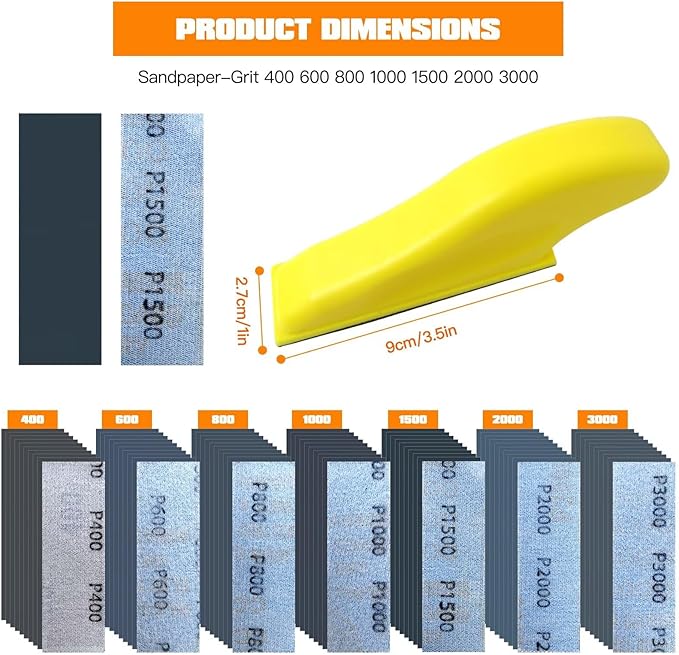 Micro Detail Sander Paper Kit WITH 70xWet Dry Sandpaper-Grit 400 600 800 1000 1500 2000 3000,3.5?쓝 1?쒱and Sanding Block with Hook and Loop Sanding Strips for Wood Metal Glass Surface