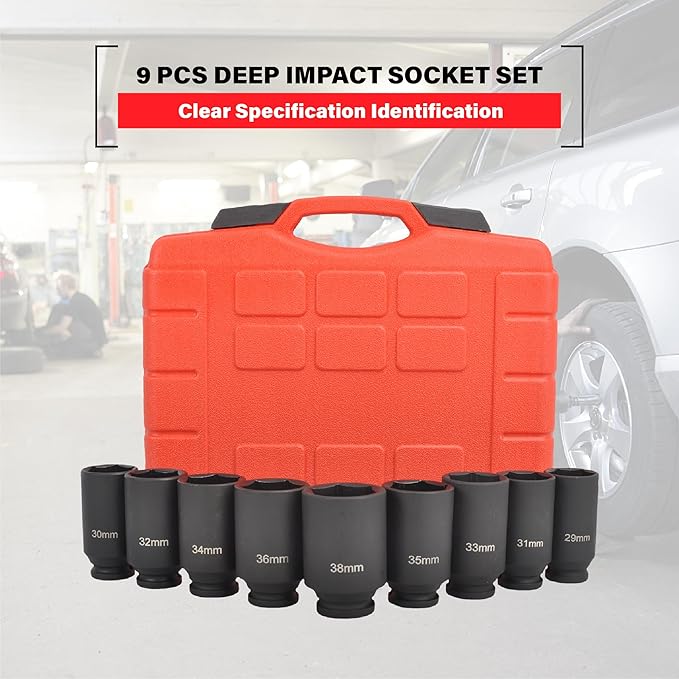 6 Point Deep Impact Socket Set 1/2??Drive, 29-38mm, 9Pcs CR-MO Spindle Metric Axle Hub Nut Socket with Heavy Duty Portable Storage Case for Removing & Installing Axle Nuts