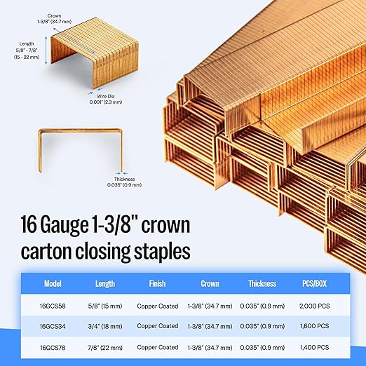 meite Carton Closing Staples 16 Gauge 7/8" Wide Crown Copper-Coated Box Staples for Pneumatic or Manual Staple Gun Cardboard Packaging, 3/4" Length, 14000PCS