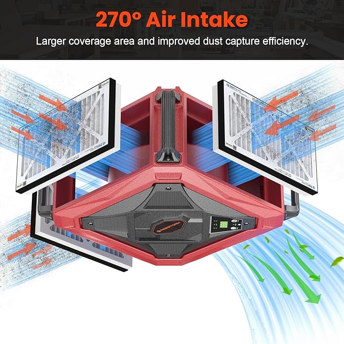 Abestorm 270 Degree Air Filtration System, Built-in Ionizer, 1080 CFM Dust Collector with Strong Vortex Fan, Suitable for Woodworking Shop, Garage, Workshops, 2-speed Adjustment, DecDust 1080IG