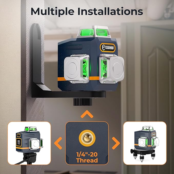 CIGMAN Laser Level Self Leveling 3x360째 3D Green Cross Line for Construction and Picture Hanging, Rechargeable battery, Remote Controller, Magnetic Rotating Stand Included