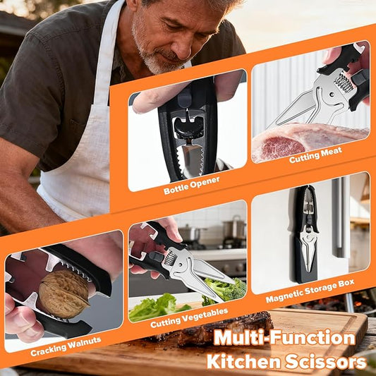 Kitchen Scissors All Purpose for Food - AJXX Kitchen Shears Heavy Duty Poultry Shears, Stainless Steel Cooking Meat Cutting Scissors with Magnetic Holder & Safety Lock, Dishwasher Safe