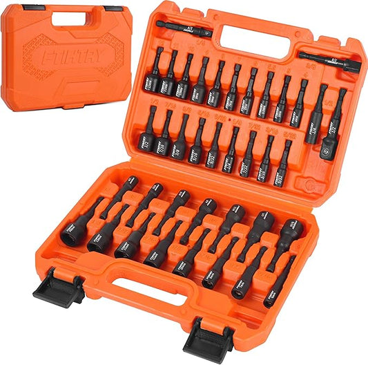 39Pcs Magnetic Nut Driver Set for Impact Drill, Metric & SAE Magnetic Impact Drill Driver Bit, 1/4" Hex Shank, Fully Magnetic Hex Nut Driver Drill Bit Master Kit, Black