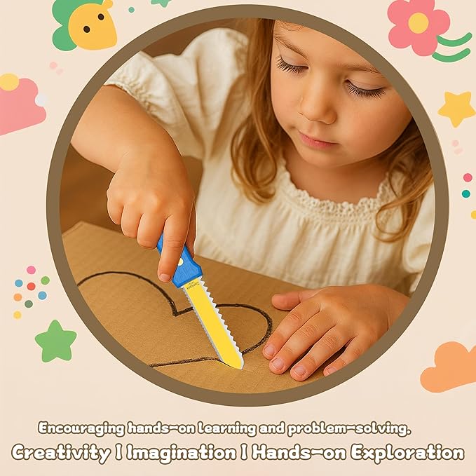 Zentara Kids Cardboard Cutter with Wooden Handle ??Safe Serrated Craft Knife with Rounded Tip, Brass Rivets & Full-Tang Steel Core ??420J2 Stainless Steel ??Ages 5+ DIY Projects