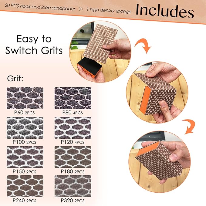 S&X Sanding Sponge Set 20-Pack of Hook and Loop Sandpaper Interchangeable 8 Assorted Grits - Wet and Dry, Anti-Clogging, Durable (20)