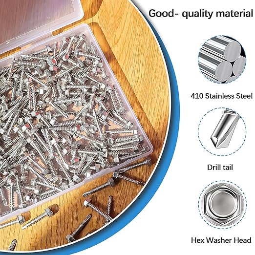 mxuteuk #8횞1" Self Tapping Screws,410 Stainless Steel Self Tapping Screws for Metal,Self Drilling Screws,Hex Washer Head Sheet Metal Screws Suitable for Wood, Metal or Tough Materials(170PCS)