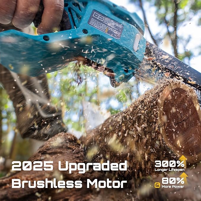 SEESII 8-Inch Cordless Mini Chainsaw, 2025 Upgraded Brushless Motor, Electric Chainsaw with 2×4000mAh Batteries, Tool-Free Chain Tension & Oiler, Handheld Saw for Fast Tree Branch Cutting（M8 Boost）