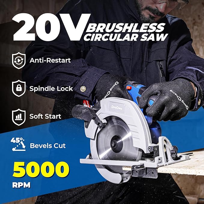 Dong Cheng 20V MAX 7-1/4'' Brushless Cordless Circular Saw Kit, 0-45 Degree Bevel Capability, with Dust Collection Adaptor, 24T and 40T TCT Blade Included, 4.0Ah Battery and Charger Kit