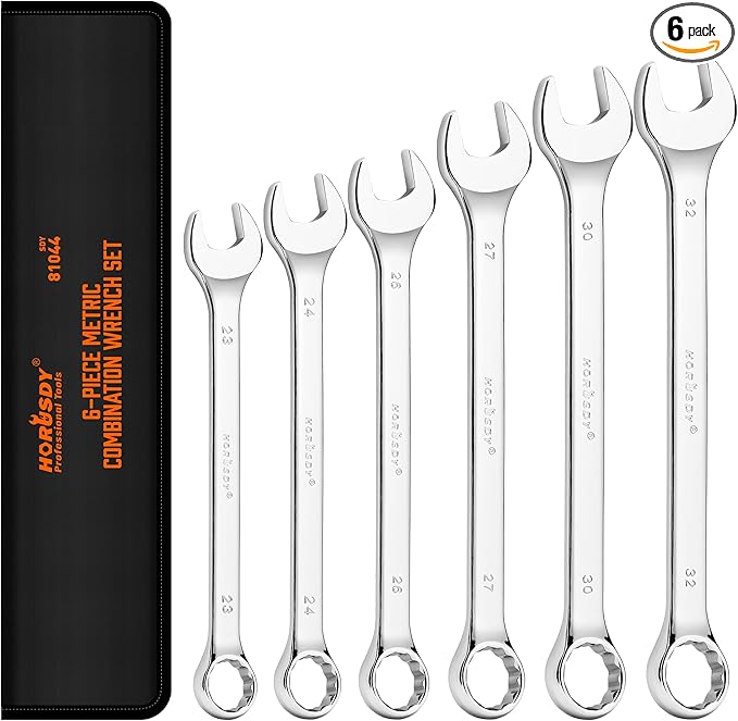 HORUSDY Large Wrench Set with Rolling Pouch | Metric | 6-Piece | 23mm, 24mm, 26mm, 27mm, 30mm, 32mm | 12 Point | Chrome Vanadium Steel