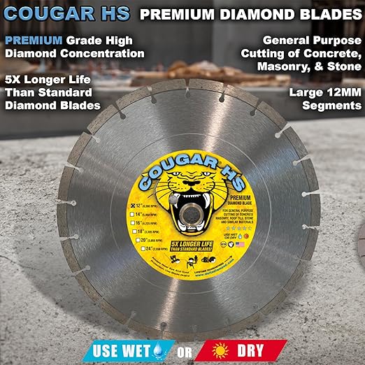 Cougar HS 12 Inch Diamond Concrete Saw Blade, Premium General Purpose Segmented Blade, Dry/Wet Cutting Concrete, Masonry, Brick, & Block 1"-20mm Arbor