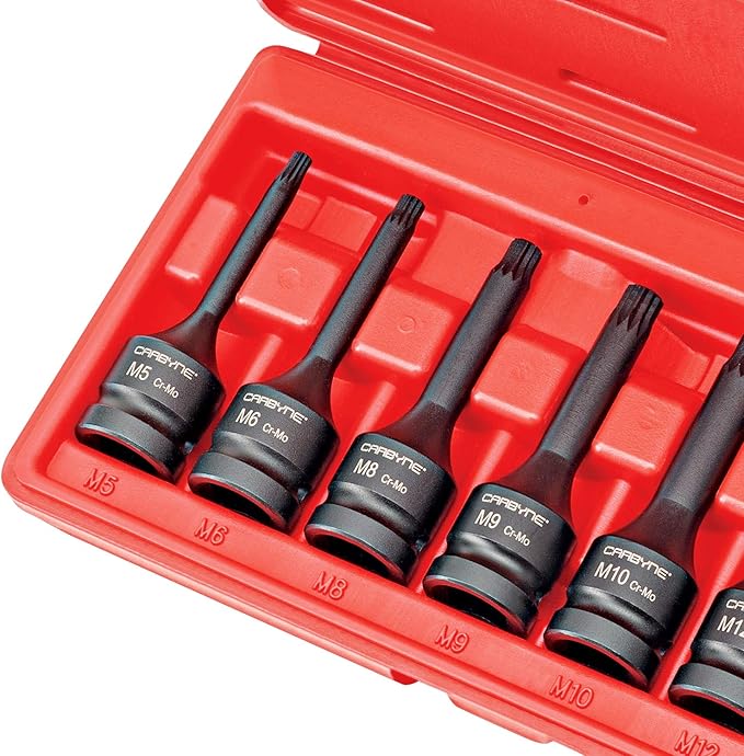 CARBYNE 8-Piece XZN Triple Square Spline Drive Impact Bit Socket Set, 12 Point, Chrome Molybdenum (Cr-Mo) Steel | Metric M5 to M16 | 1/2 inch Drive