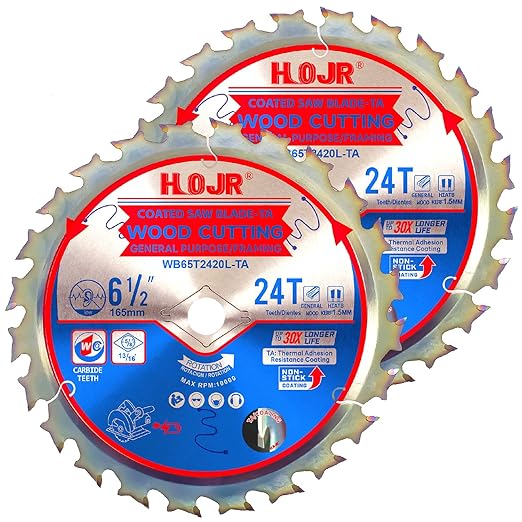 2-Pack 6-1/2" 24-Tooth Arbor 5/8" Woodworking Circular Saw Blade,Framing/General Purpose,Special Anti-Thermal Adhesion Coating on Cutting Edge-TA,High Finish, Long Life,6-1/2" 24T 5/8"