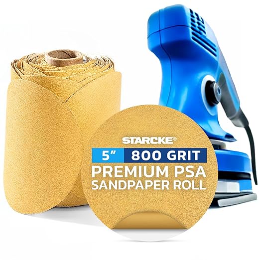 5 inch Sanding Discs 800 Grit Sandpaper Discs PSA Adhesive Sandpaper Roll No Hole - Disc Gold Round Sanding Paper, Durable Sand Paper for Wood, Auto Body, Metal, Marine Paint for Smooth Surfaces